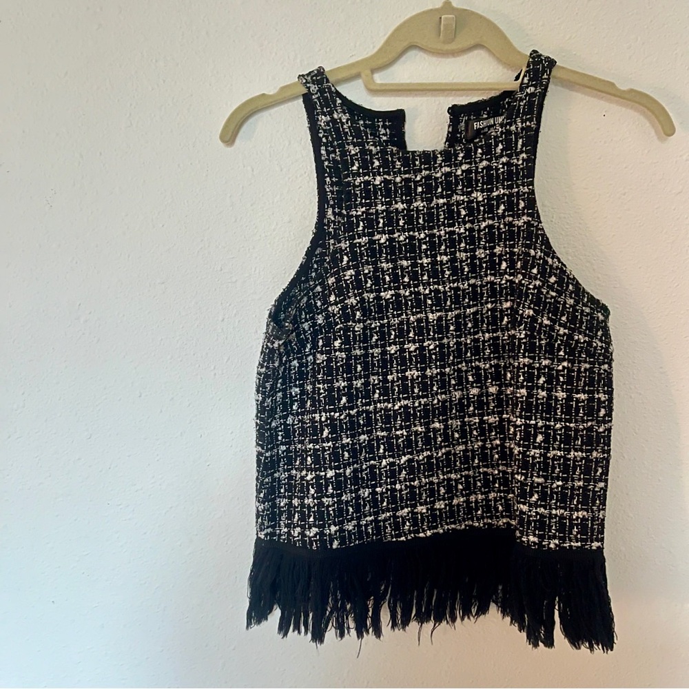 Fashion Union Tweed Fringe Sleeveless Top